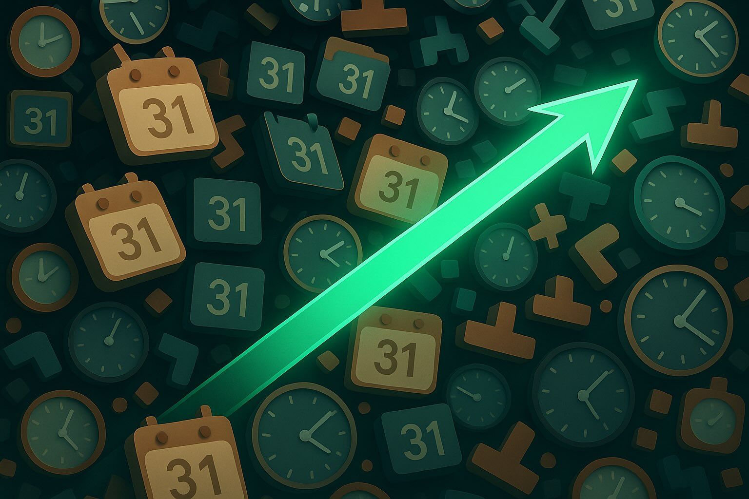 A dense field of clock and calendar icons with a bright green arrow cutting diagonally upward through them.