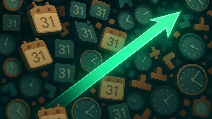 A dense field of clock and calendar icons with a bright green arrow cutting diagonally upward through them.