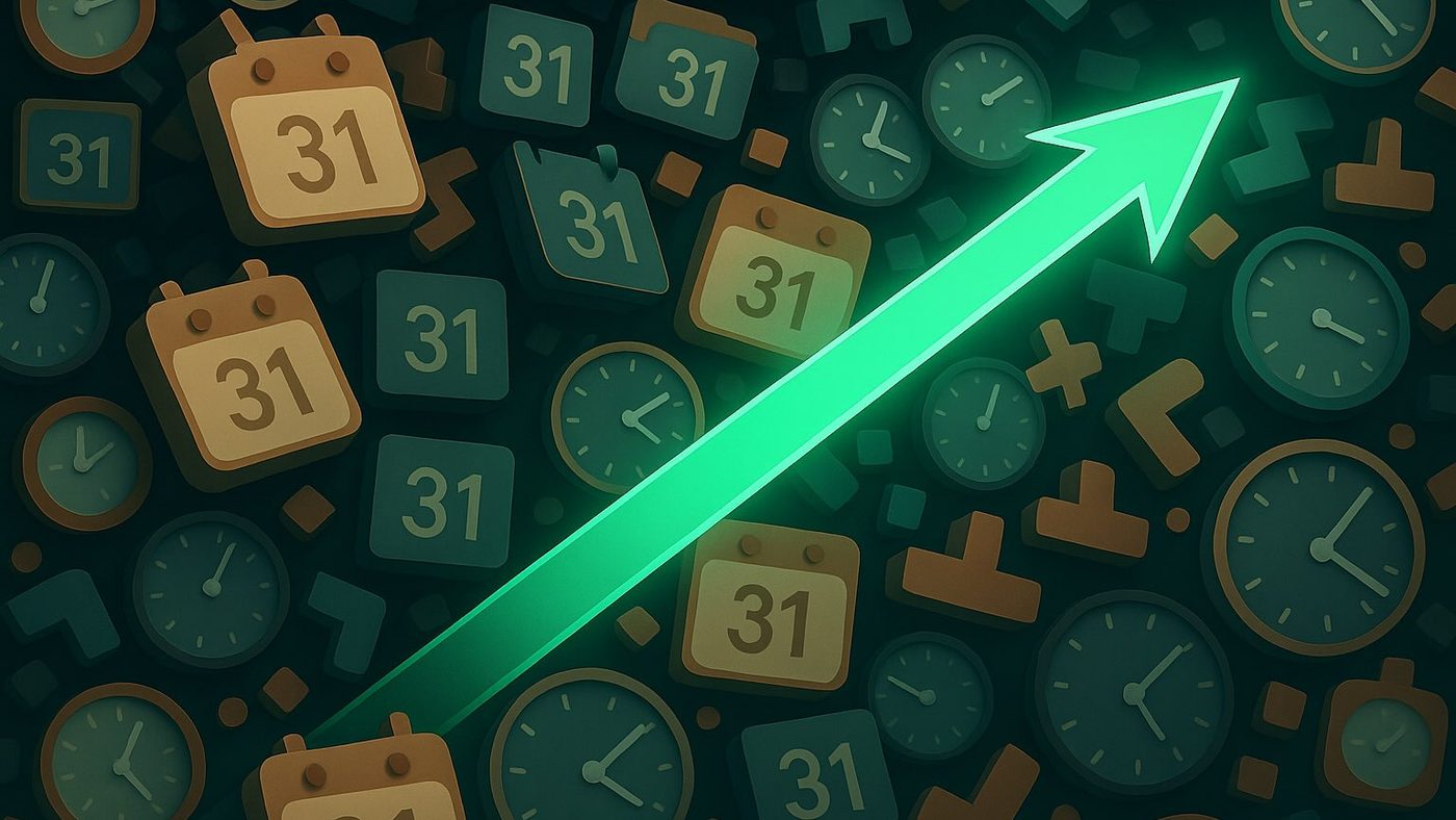 A dense field of clock and calendar icons with a bright green arrow cutting diagonally upward through them.