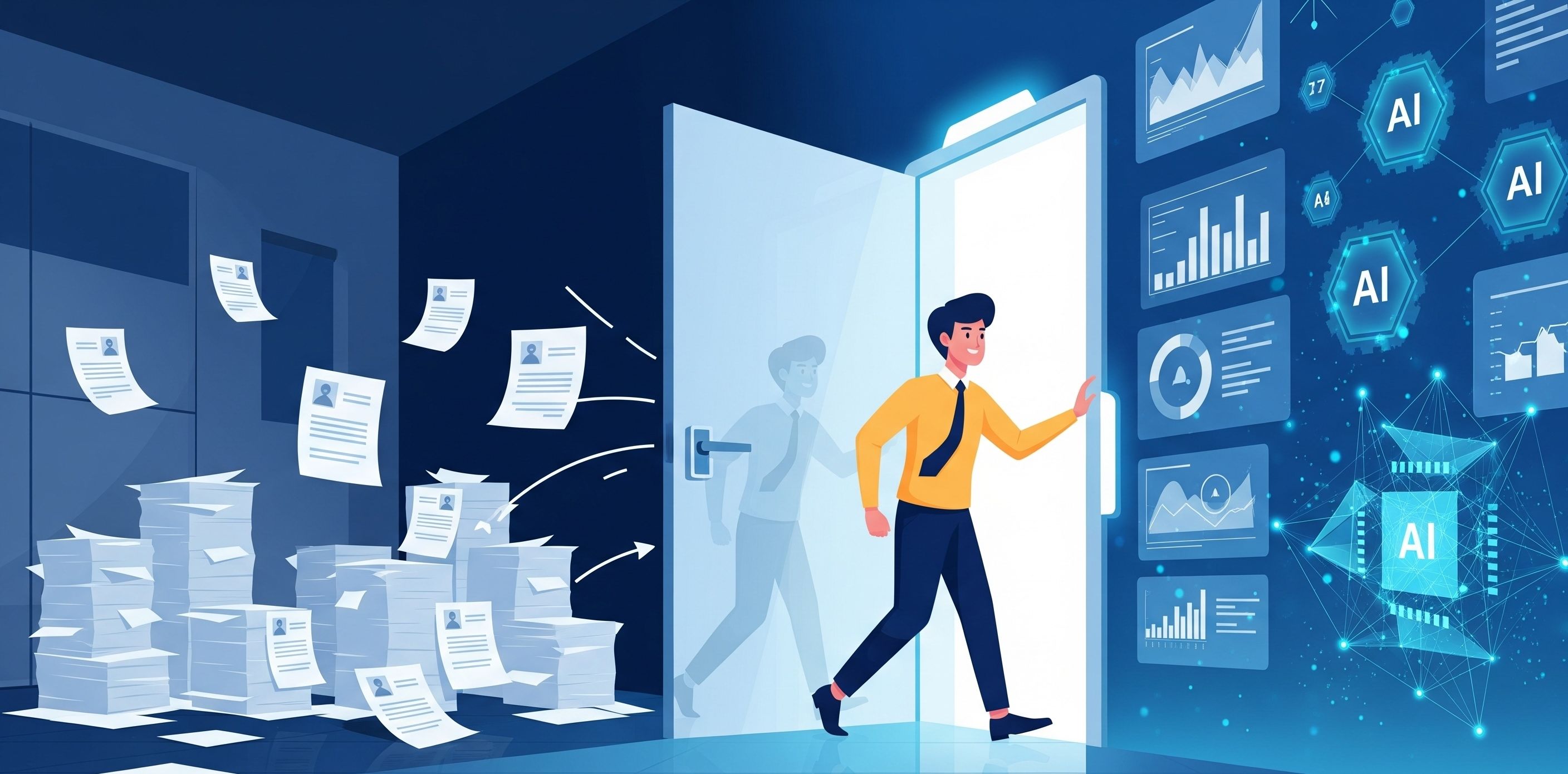 Illustration of a person stepping through a doorway out of a room piled with paper files into a bright space of AI dashboards.