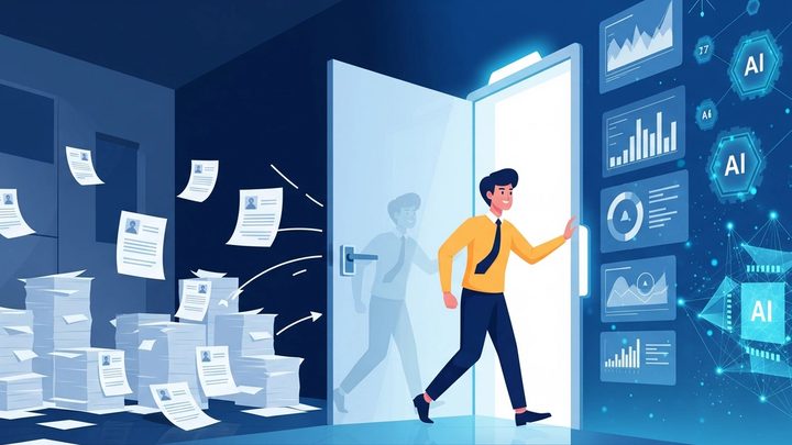 Illustration of a person stepping through a doorway out of a room piled with paper files into a bright space of AI dashboards.