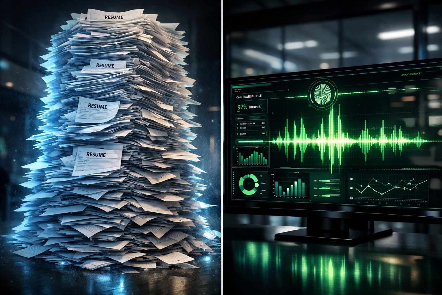 Split image: a towering stack of paper resumes on the left, and a monitor showing a green audio waveform with analysis charts on the right.