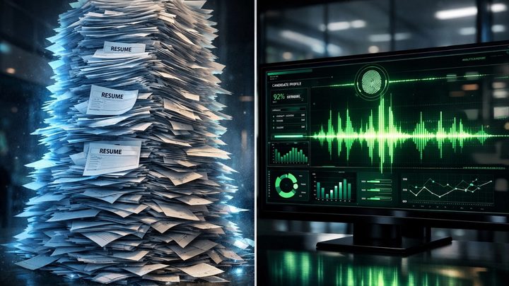Split image: a towering stack of paper resumes on the left, and a monitor showing a green audio waveform with analysis charts on the right.