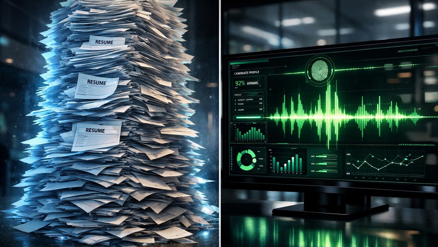 Split image: a towering stack of paper resumes on the left, and a monitor showing a green audio waveform with analysis charts on the right.
