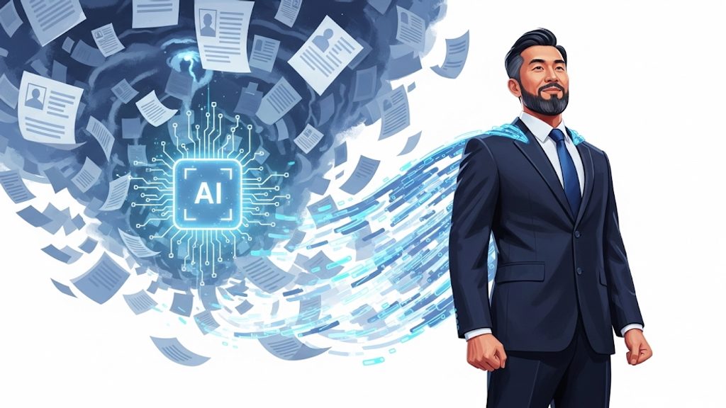 Illustration of a recruiter standing confidently, with a cape formed from a stream of documents flowing out of a glowing AI chip.