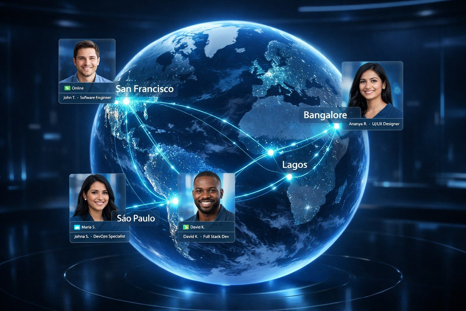 A glowing globe with connection lines linking San Francisco, Sao Paulo, Lagos and Bangalore, surrounded by profile cards for engineers in each city.