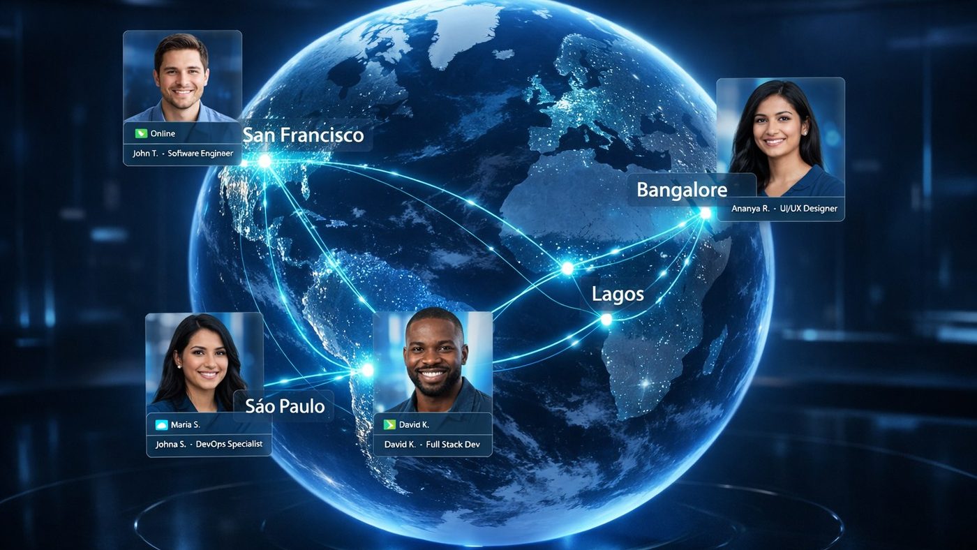 A glowing globe with connection lines linking San Francisco, Sao Paulo, Lagos and Bangalore, surrounded by profile cards for engineers in each city.