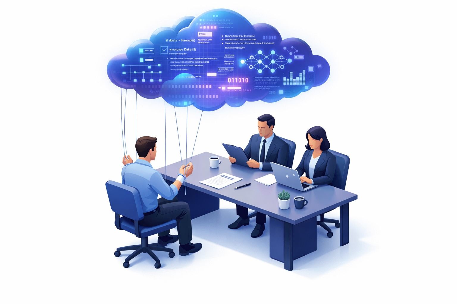 Isometric illustration of a job interview where marionette strings descend from a data cloud above and control the candidate's movements.