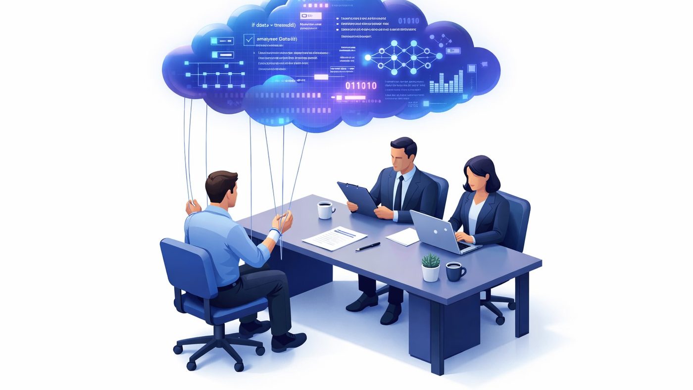 Isometric illustration of a job interview where marionette strings descend from a data cloud above and control the candidate's movements.