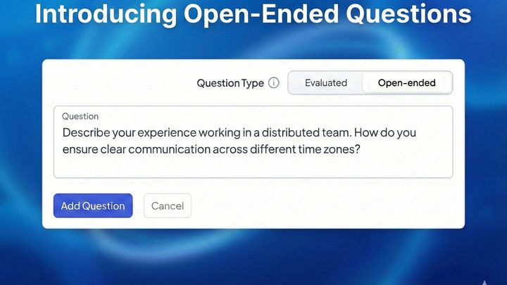 Product announcement showing a question editor set to Open-ended, containing a question about working across time zones in a distributed team.
