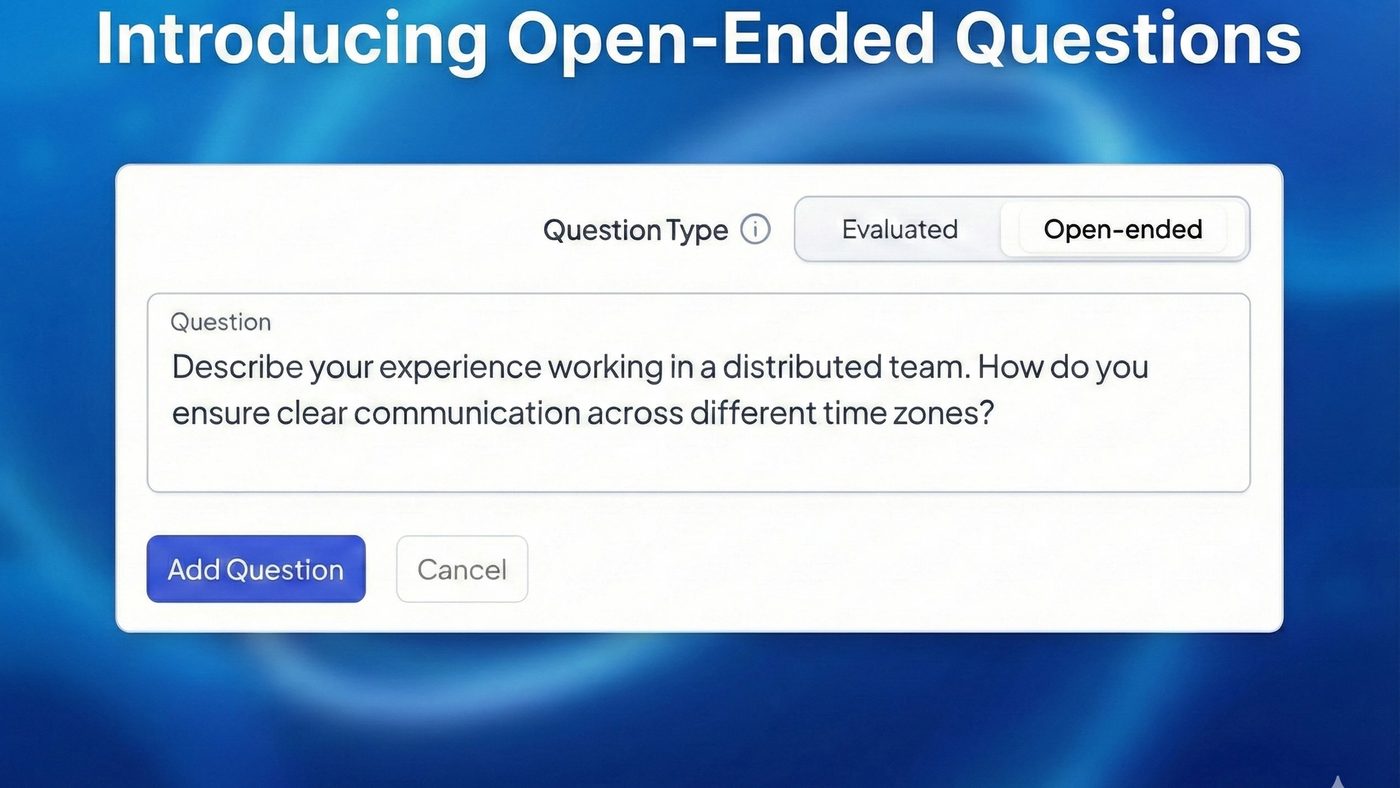 Product announcement showing a question editor set to Open-ended, containing a question about working across time zones in a distributed team.