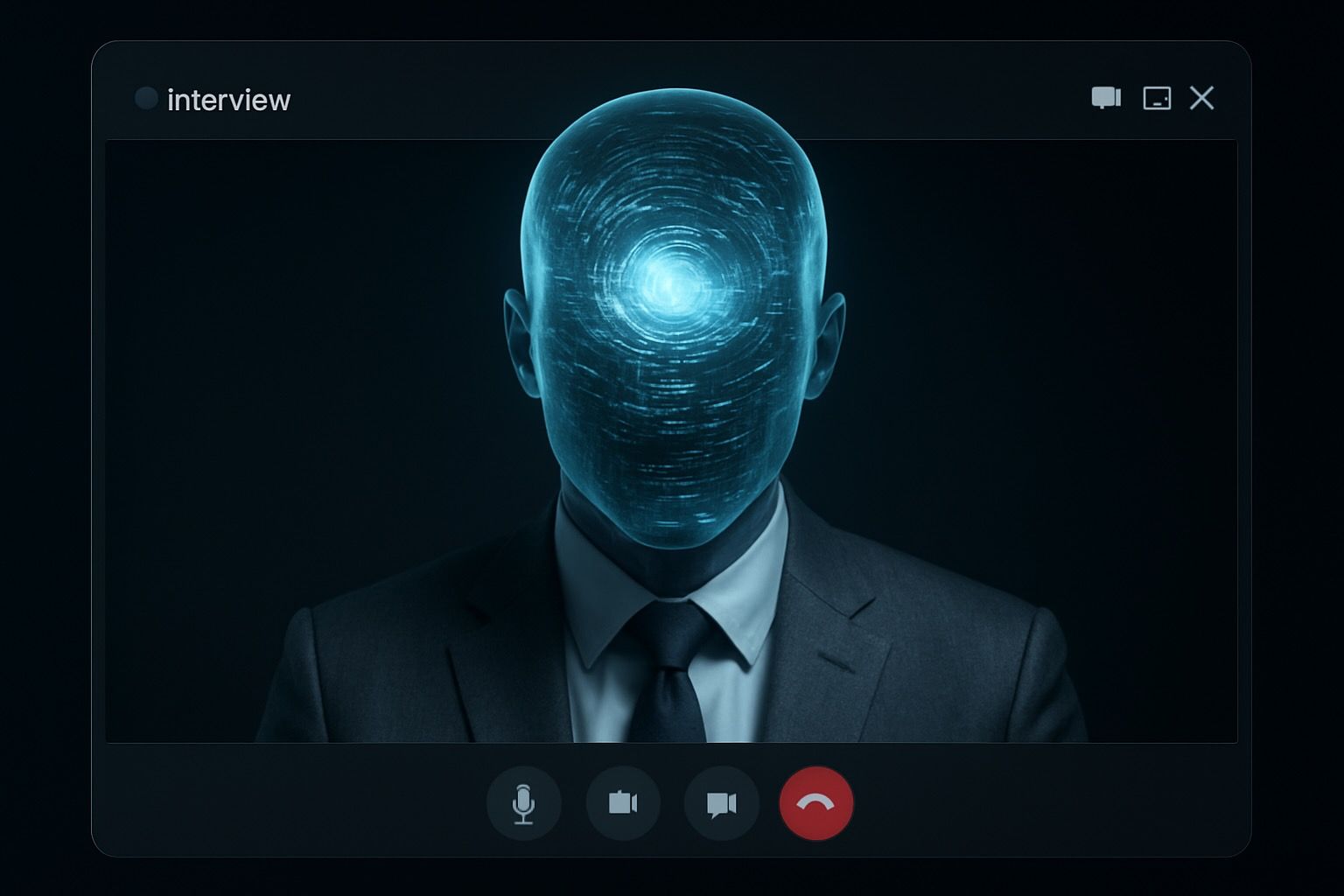 A video call window labelled interview showing a figure in a suit whose face is replaced by a glowing digital mask.