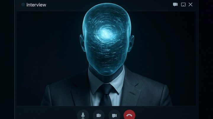 A video call window labelled interview showing a figure in a suit whose face is replaced by a glowing digital mask.
