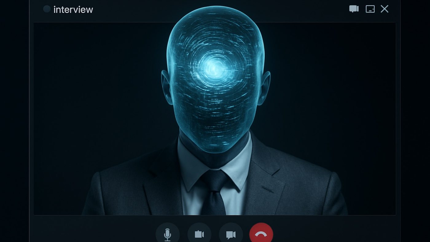 A video call window labelled interview showing a figure in a suit whose face is replaced by a glowing digital mask.