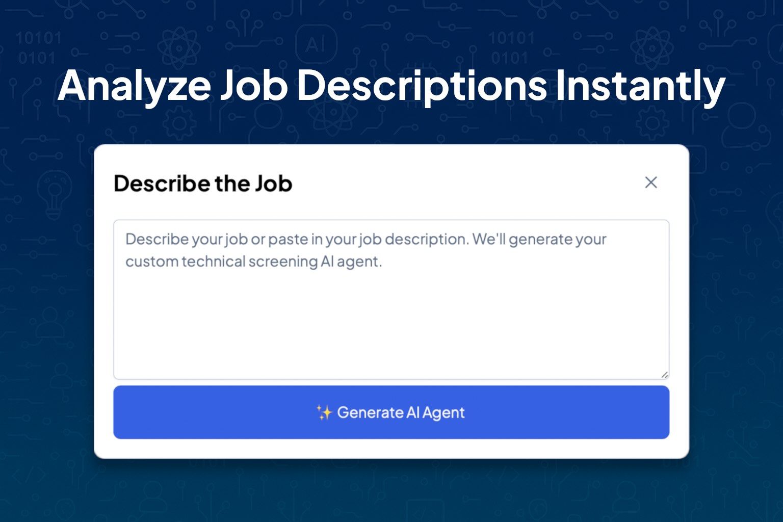 Product announcement showing a Describe the Job dialog with a job description field and a Generate AI Agent button, headed Analyze Job Descriptions Instantly.