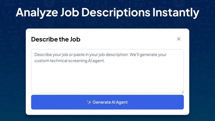 Product announcement showing a Describe the Job dialog with a job description field and a Generate AI Agent button, headed Analyze Job Descriptions Instantly.