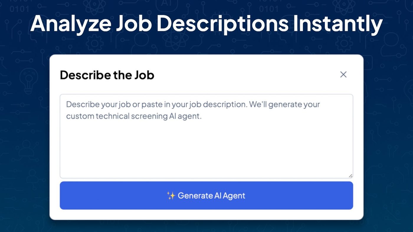 Product announcement showing a Describe the Job dialog with a job description field and a Generate AI Agent button, headed Analyze Job Descriptions Instantly.
