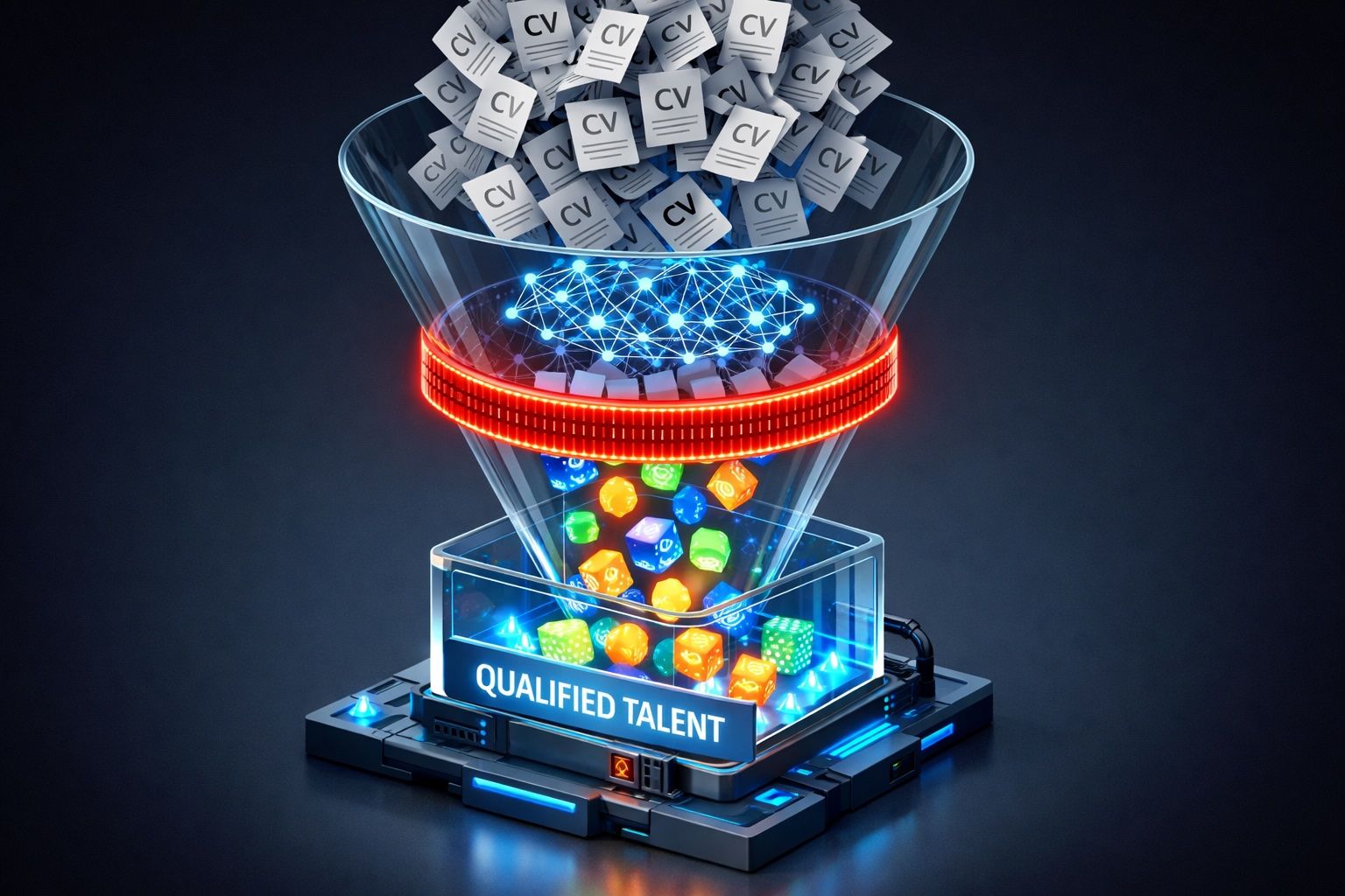 CVs pouring into a glass funnel with a glowing filter, with coloured gems collecting in a tray labelled Qualified Talent below.