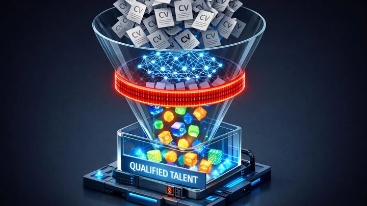 CVs pouring into a glass funnel with a glowing filter, with coloured gems collecting in a tray labelled Qualified Talent below.