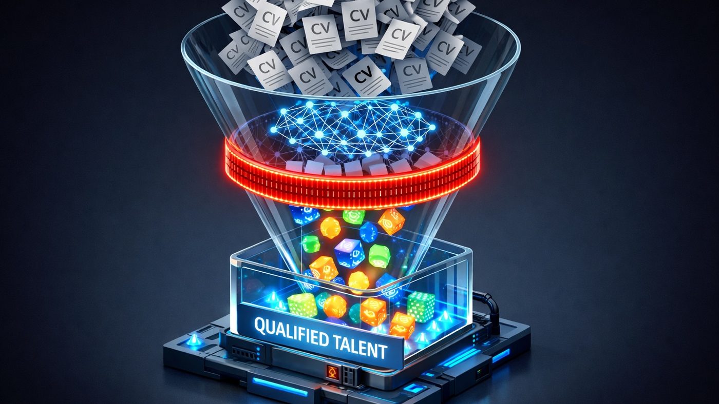 CVs pouring into a glass funnel with a glowing filter, with coloured gems collecting in a tray labelled Qualified Talent below.