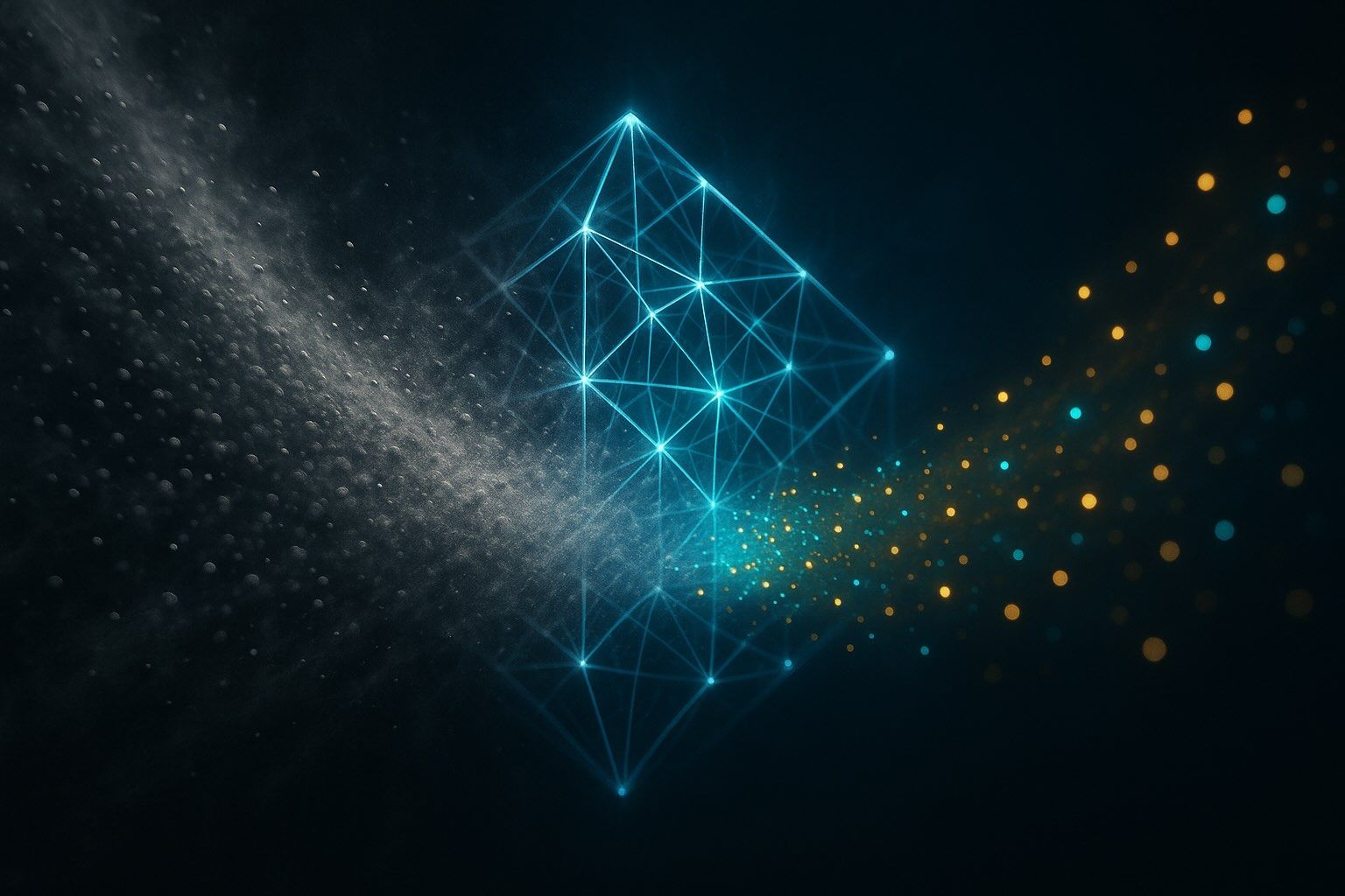 Abstract graphic of scattered grey particles entering a glowing blue wireframe shape and leaving as an ordered stream of coloured dots.