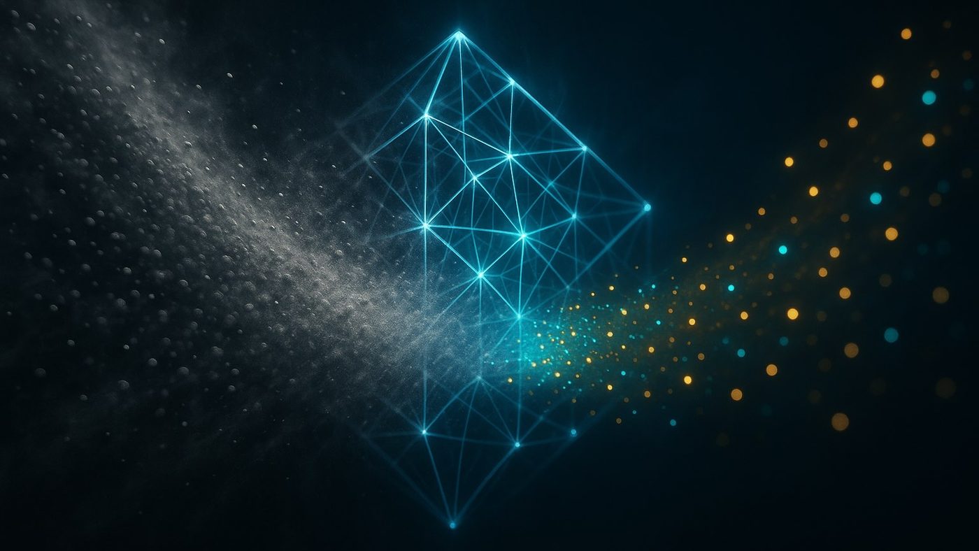 Abstract graphic of scattered grey particles entering a glowing blue wireframe shape and leaving as an ordered stream of coloured dots.