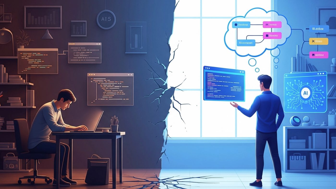 Illustration split by a cracked wall: a developer typing alone at a laptop on one side, and a developer directing AI panels and a diagram of linked nodes on the other.