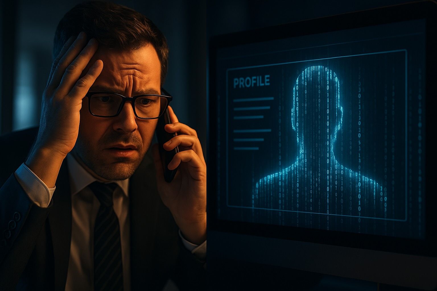 A concerned recruiter on a phone call looking at a monitor where a candidate profile resolves into a faceless figure made of streaming code.