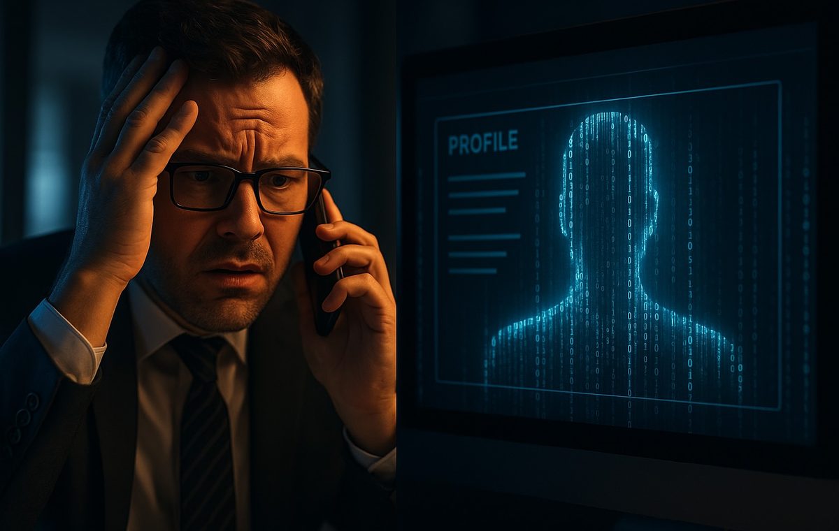A concerned recruiter on a phone call looking at a monitor where a candidate profile resolves into a faceless figure made of streaming code.