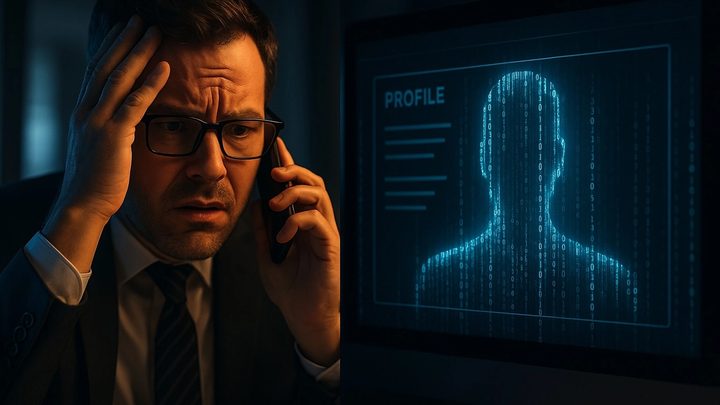 A concerned recruiter on a phone call looking at a monitor where a candidate profile resolves into a faceless figure made of streaming code.
