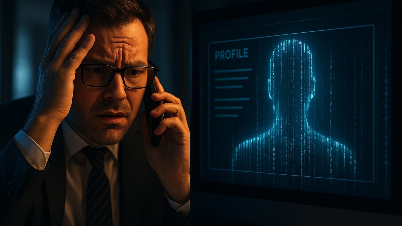 A concerned recruiter on a phone call looking at a monitor where a candidate profile resolves into a faceless figure made of streaming code.