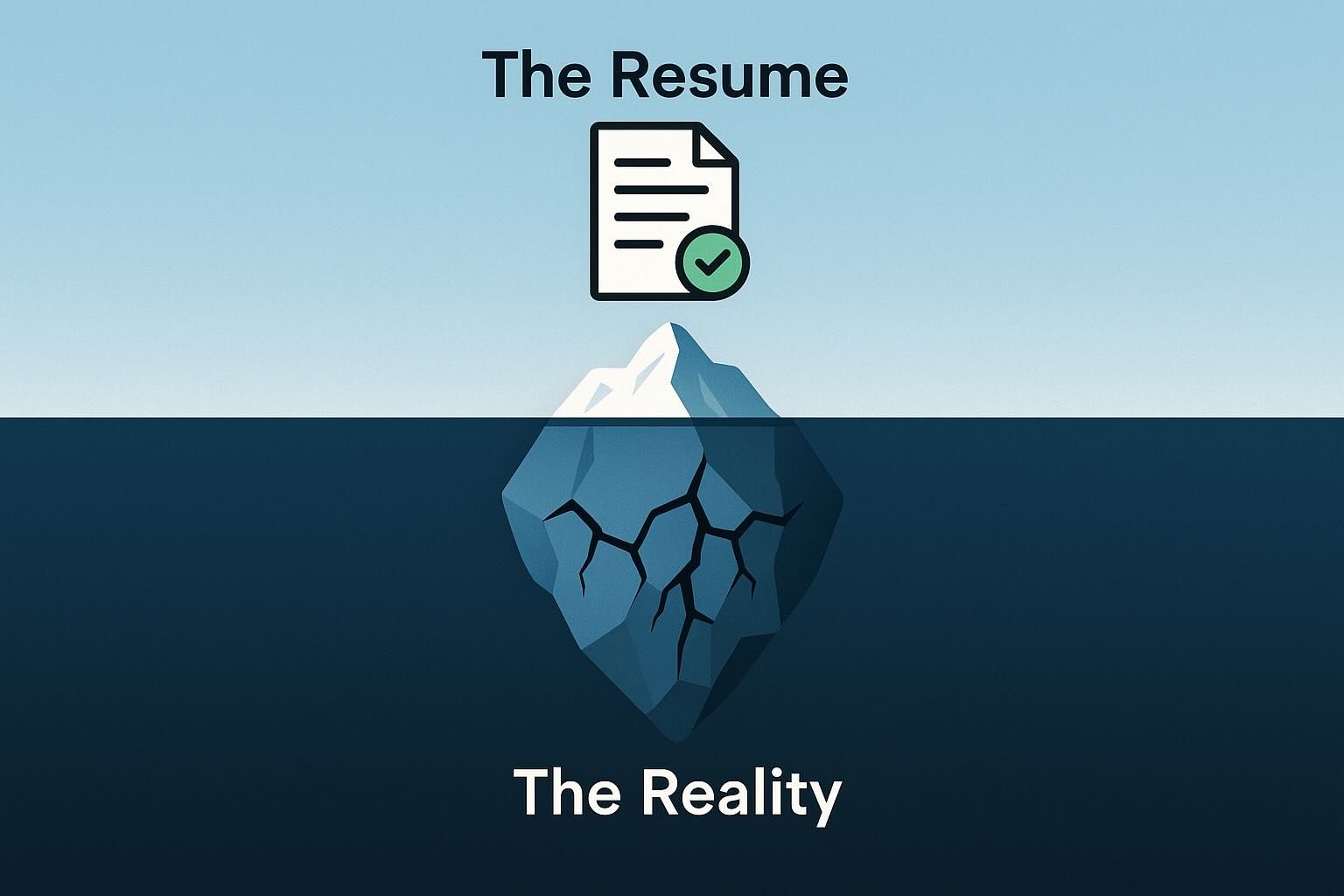 An iceberg diagram: a neat resume with a green tick labelled The Resume above the waterline, and a large cracked iceberg labelled The Reality below it.