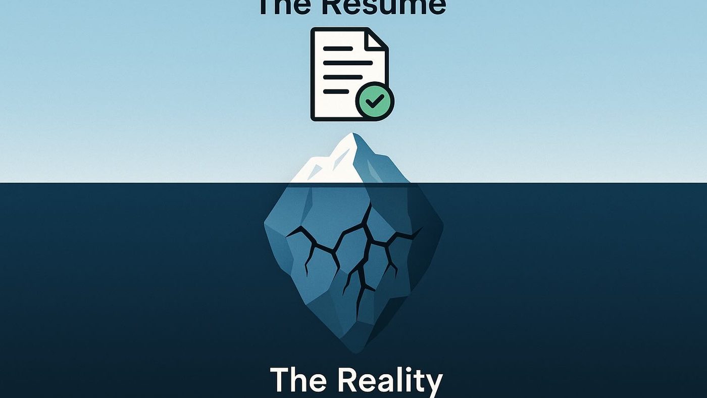 An iceberg diagram: a neat resume with a green tick labelled The Resume above the waterline, and a large cracked iceberg labelled The Reality below it.