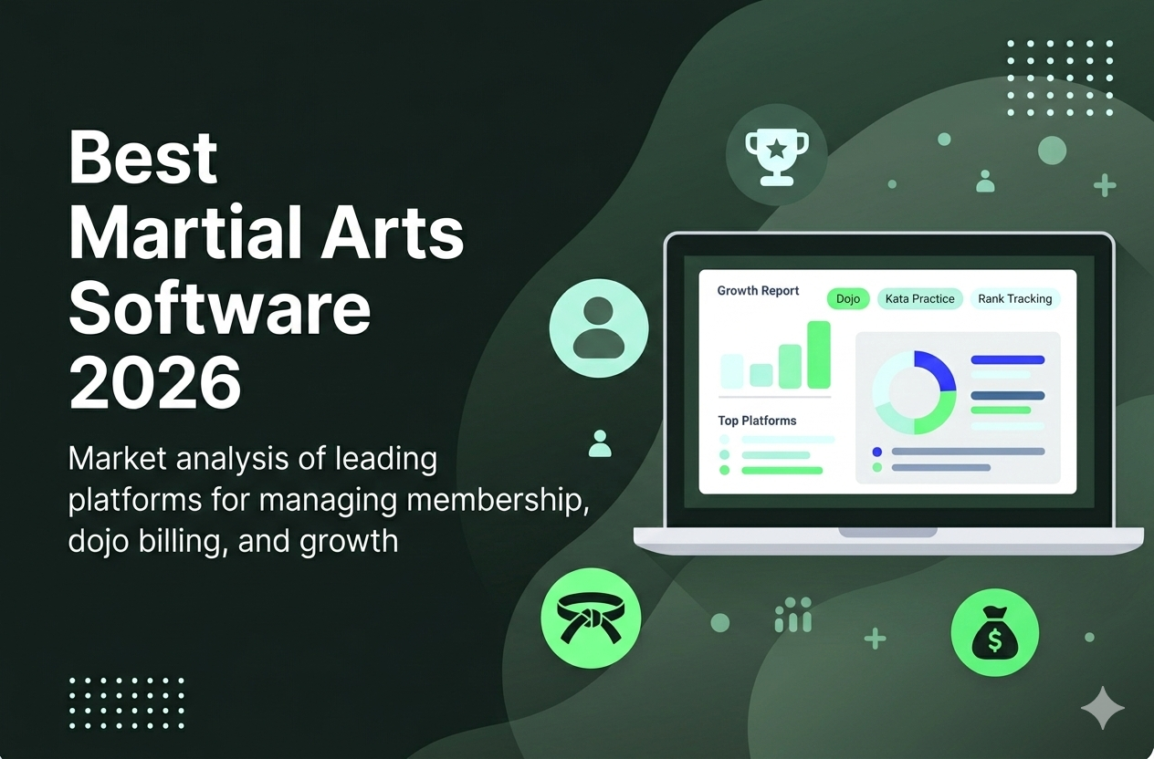 Comparison guide for 2026 martial arts management software showing a digital dashboard for rank tracking and billing, featuring top industry picks like 1club and Zen Planner.