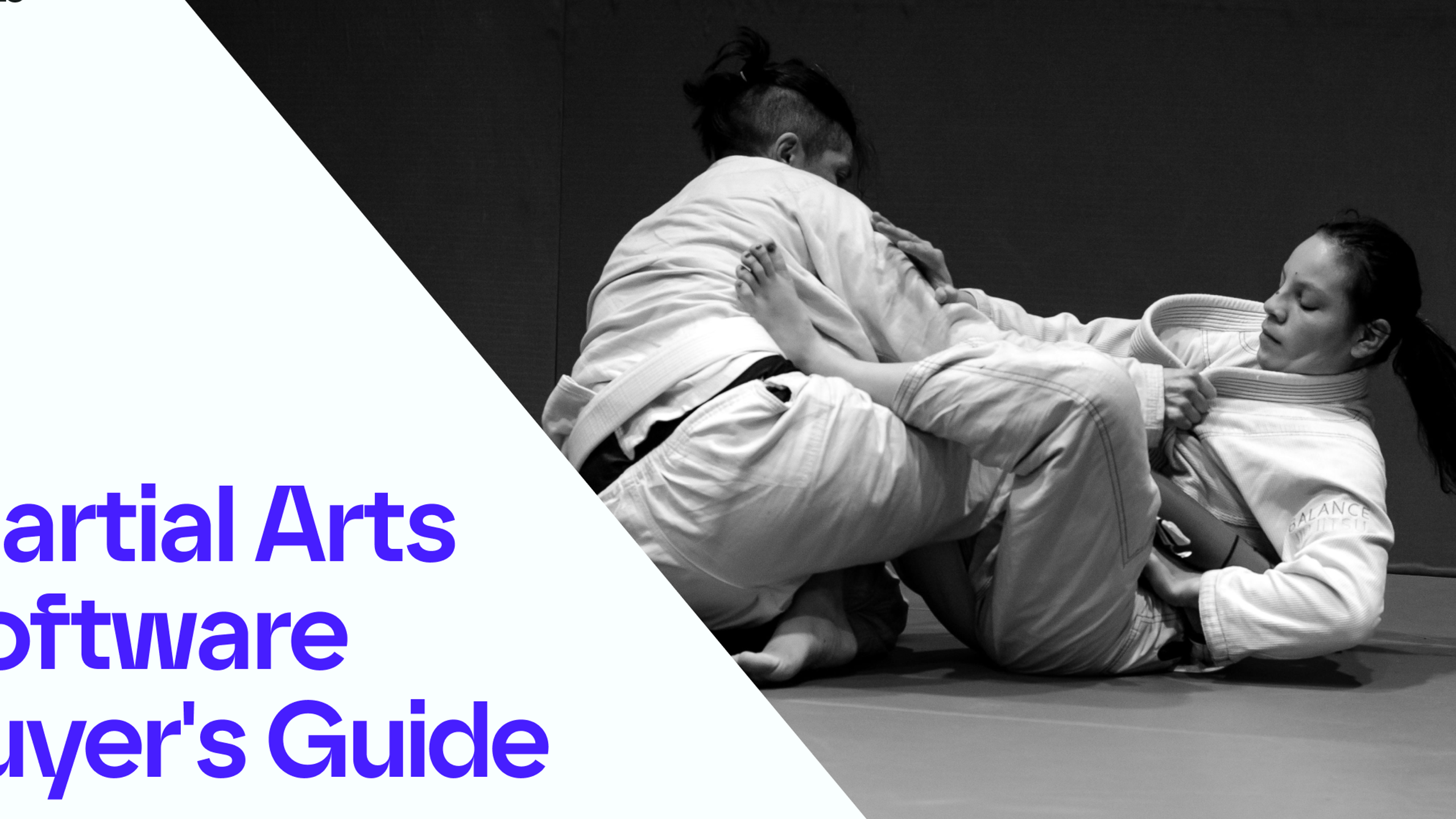 Two people in gi's training martial arts with a text Martial Arts Software Buyer's Guide 2026