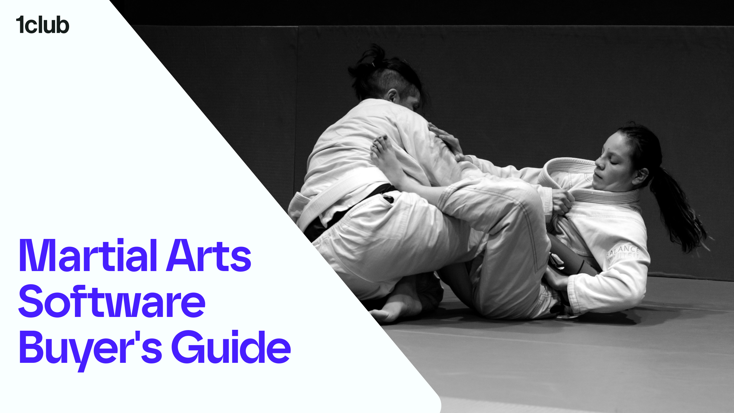 Two people in gi's training martial arts with a text Martial Arts Software Buyer's Guide 2026