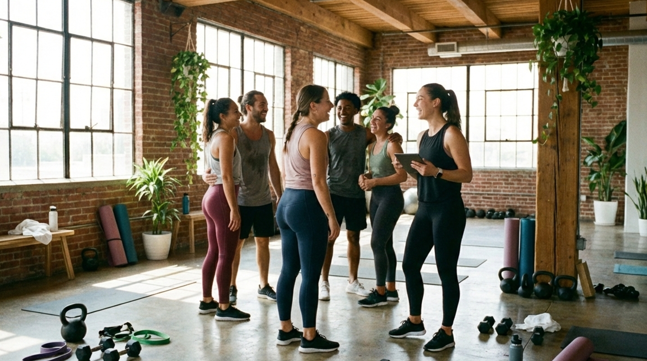 Boutique gym owner connecting with members in a friendly group setting after a fitness class, illustrating community-based lead generation strategies