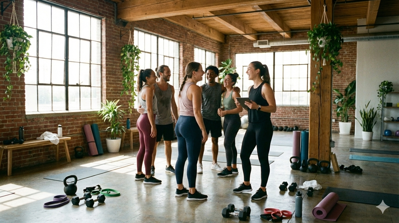 Boutique gym owner connecting with members in a friendly group setting after a fitness class, illustrating community-based lead generation strategies