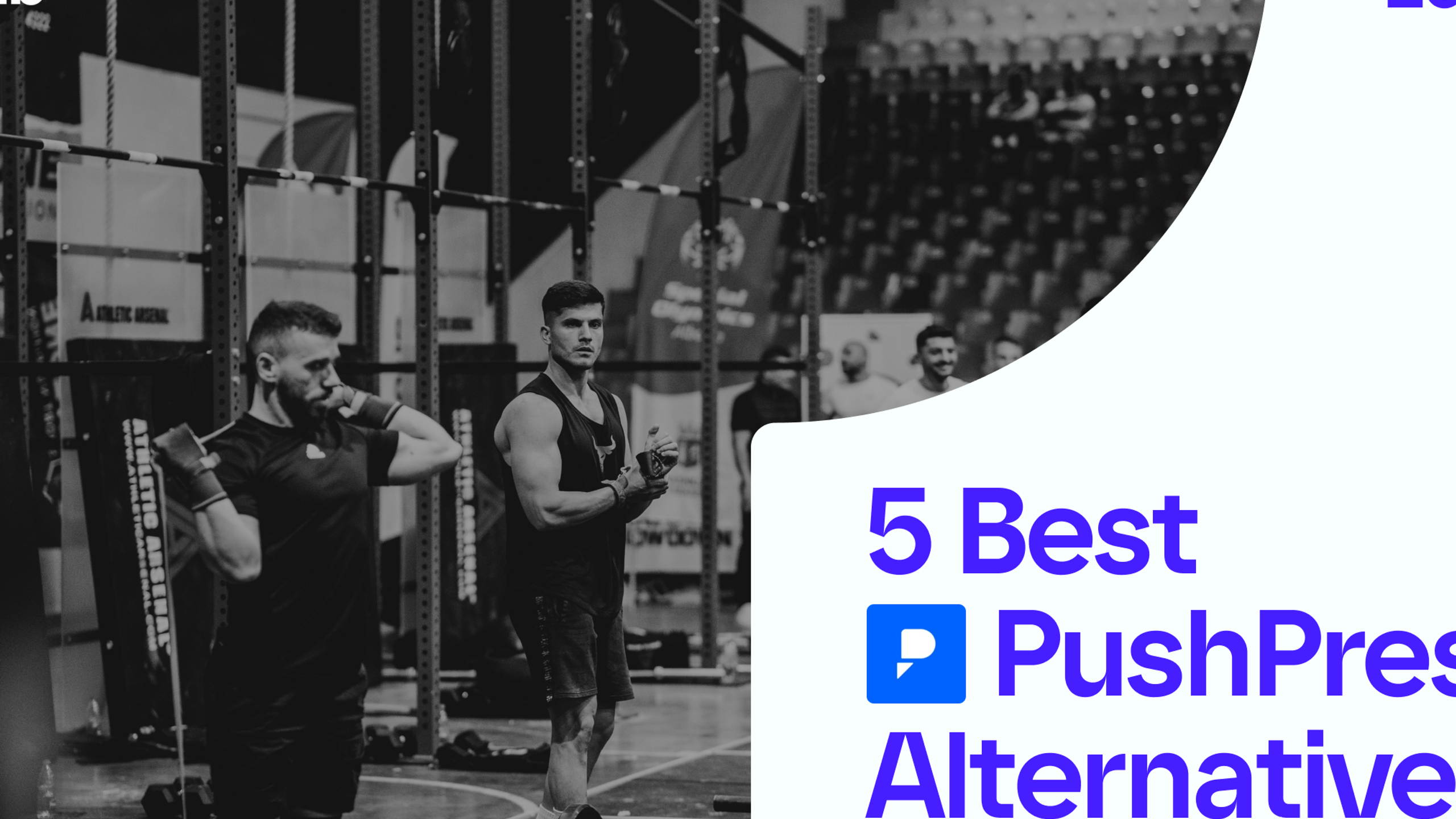 Two athletes preparing at a pull-up rig during a functional fitness competition, with the title 5 Best PushPress Alternatives 2026 from 1club
