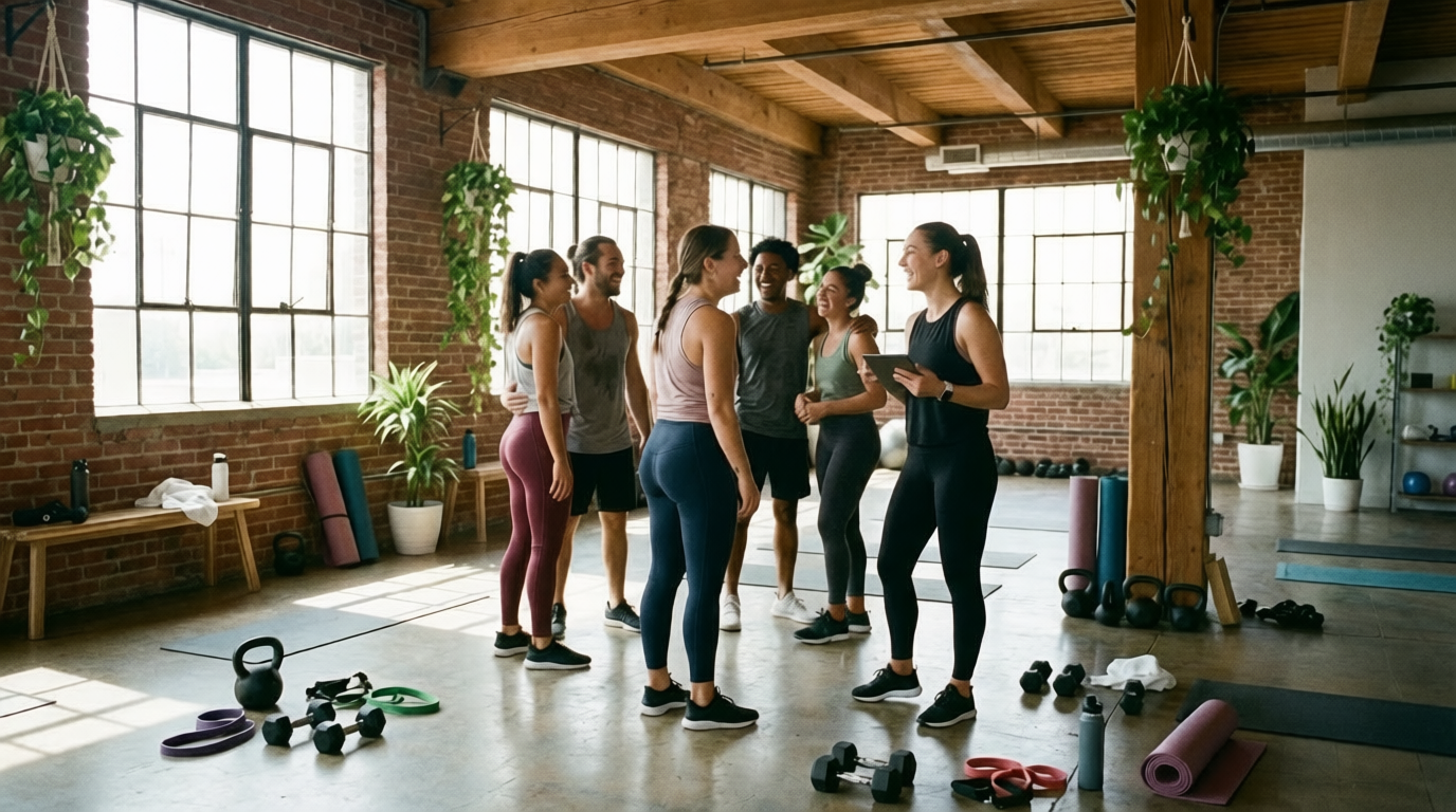 Boutique gym owner connecting with members in a friendly group setting after a fitness class, illustrating community-based lead generation strategies