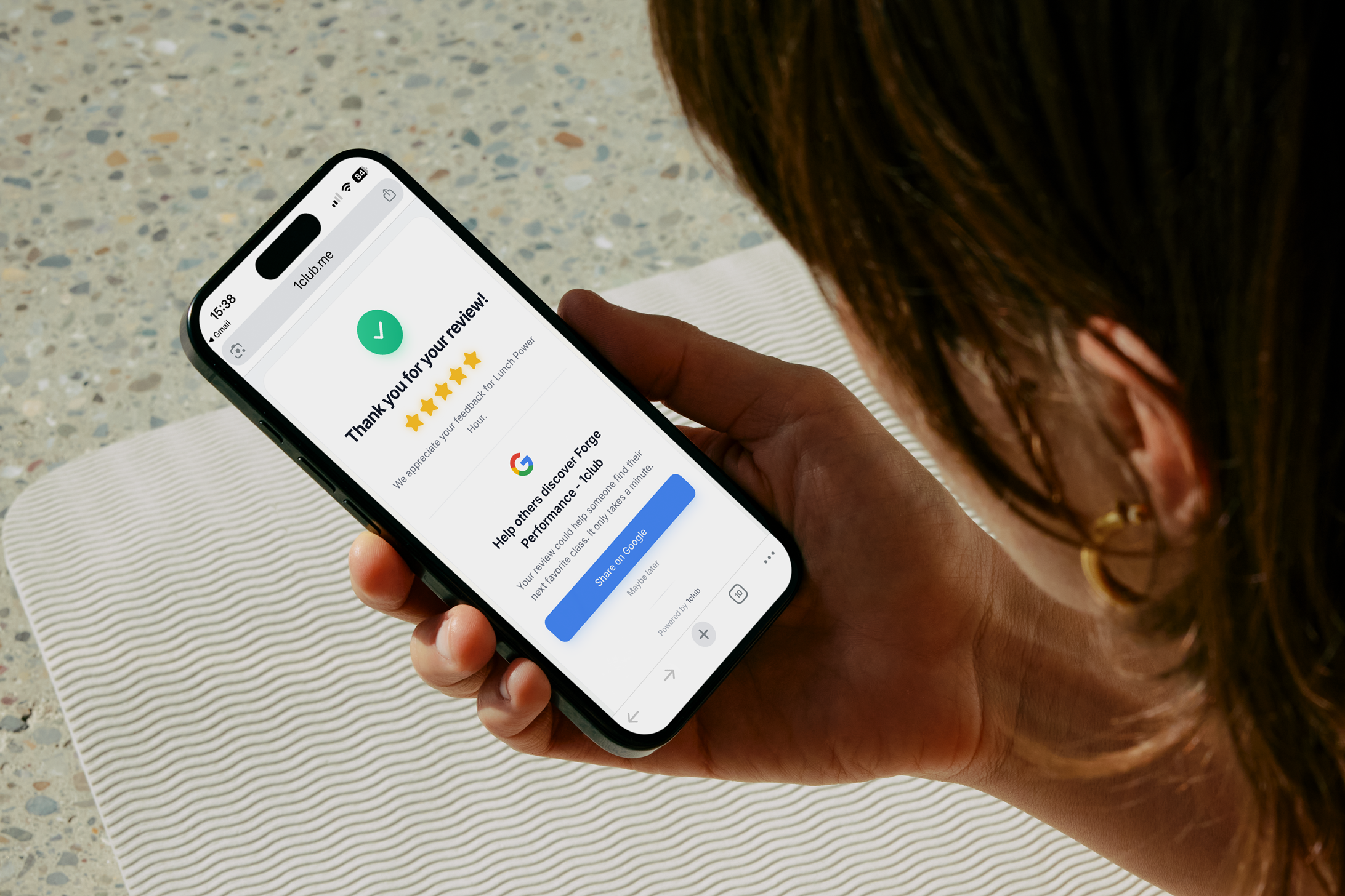 Gym member leaving a review after class