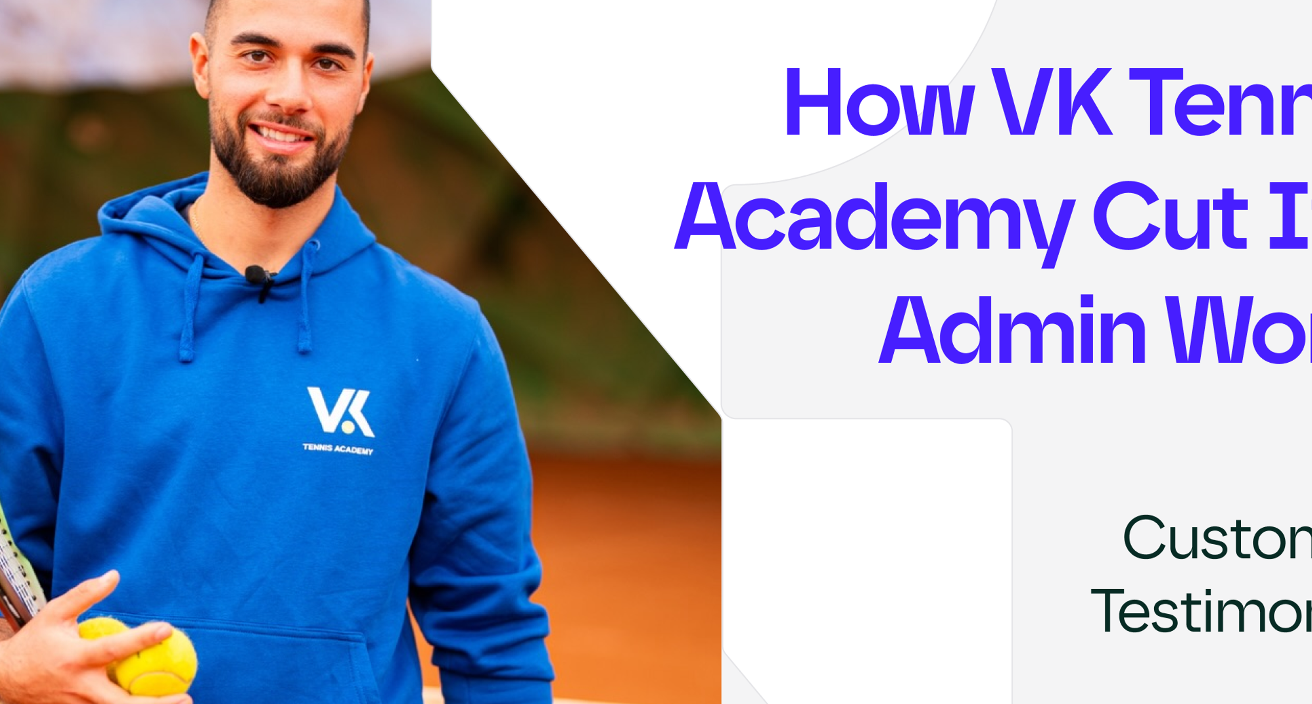 Отзив на VK Tennis Academy: как една академия намали административната си работа. Основателят Владислав Караджов на корт с насипна настилка, с ракета и тенис топки в ръце.