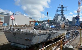 The USS Fitzgerald in dry dock at Fleet Activities Yokosuka, Japan following a collision with a commercial container ship (July 2017)