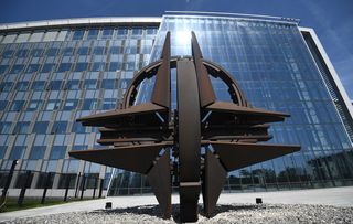 NATO's forecourt sculpture, also known as the 'NATO Star,' is pictured at the NATO headquarters, April 2018