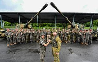 Australian Army and Republic of Korea soldiers on a familiarisation training course for the K9 self-propelled howitzer and the K10 Armoured Ammunition Resupply Vehicle in South Korea.