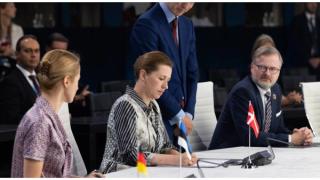 Prime Minister of Estonia Kaja Kallas, Prime Minister of Denmark Mette Fredriksen and Prime Minister of the Czech Republic Petr Fiala at the signing ceremony of the NATO Innovation Fund Letter of Commitment during the NATO summit in Madrid, June 2022. Source: NATO