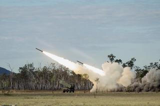 US Army 17th Field Artillery Brigade High Mobility Artillery Rocket Systems (HIMARS) during the Exercise Talisman Sabre 2023 firepower demonstration at Shoalwater Bay Training Area, Queensland.