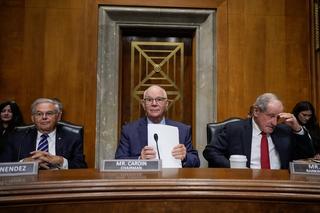 Senator Bob Menendez (D-NJ), Committee chairman Senator Ben Cardin (D-MD) and ranking member Senator James Risch (R-ID) at a Senate Foreign Relations Committee hearing.