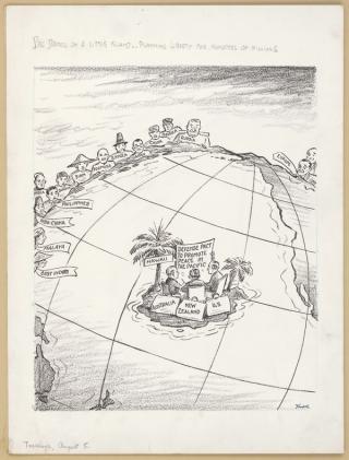 A Keith Temple editorial cartoon on the occasion of the first ANZUS Council meeting in Hawaii, August 1952