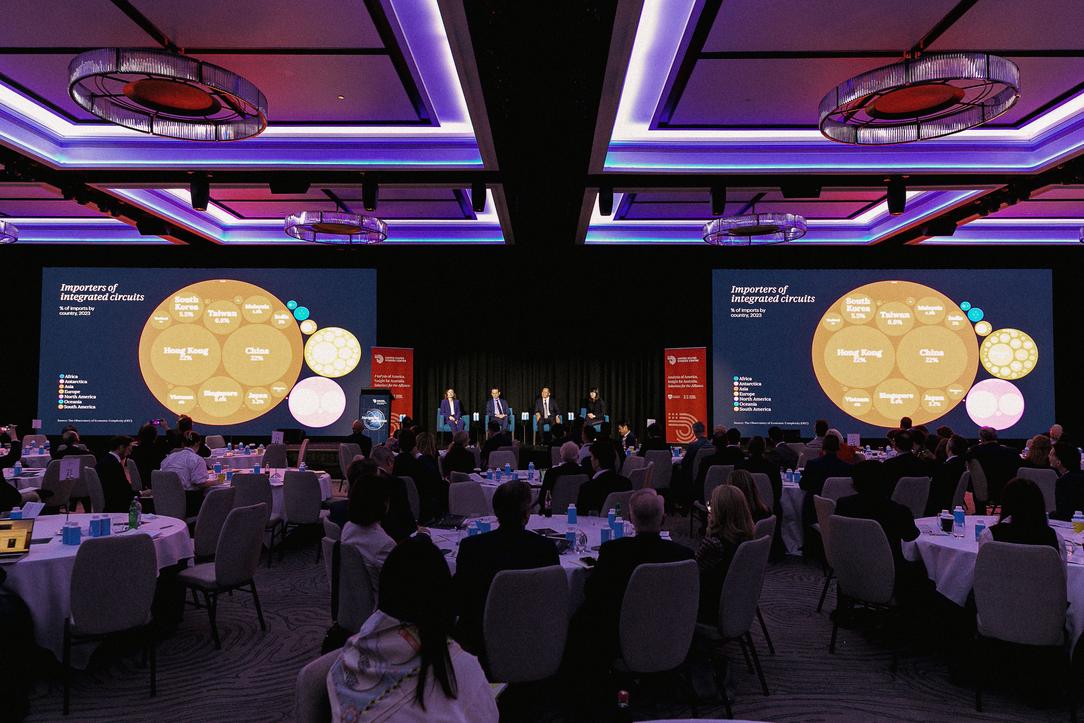 Wide shot of the room including screens showing importers of integrated circuits.